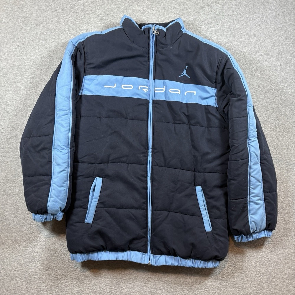 Vintage Jordan Puffer Jacket Men's M Navy Powder Blue Fleece Lined Spellout